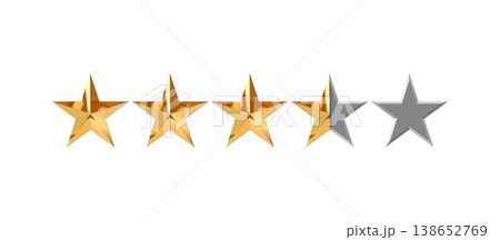 3D vector row of rating stars. Shiny objects with reflections, made of gold 138652769