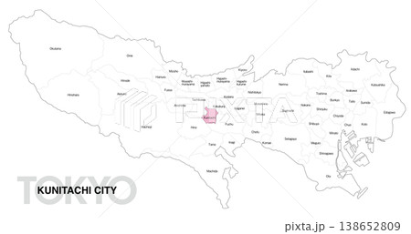 [日本地図] 東京都国立市の市区町村名入り位置地図 (英語) 138652809