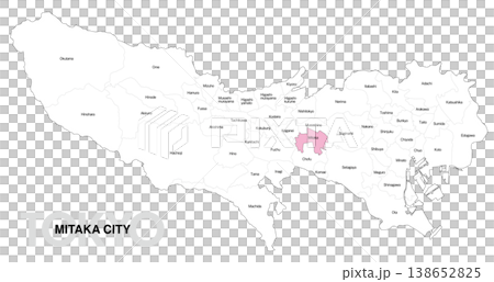 [Map of Japan] Location map of Mitaka City, Tokyo, with city/ward names (English) 138652825