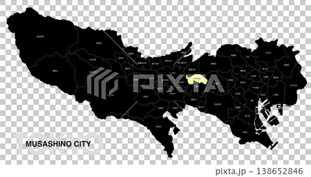 [Map of Japan] Location map of Musashino City, Tokyo, with city/ward names. 138652846
