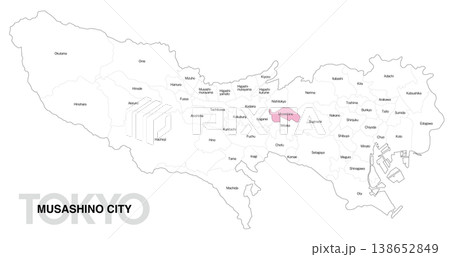 [日本地図] 東京都武蔵野市の市区町村名入り位置地図 (英語) 138652849