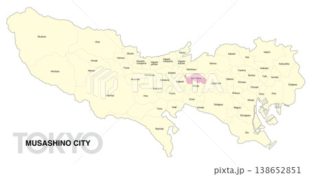 [日本地図] 東京都武蔵野市の市区町村名入り位置地図 (英語) 138652851