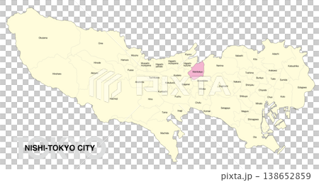 [Map of Japan] Location map of Nishitokyo City, Tokyo, with city/ward names (English) 138652859