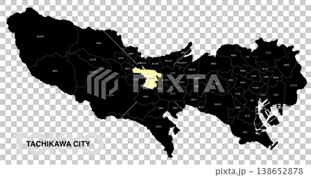 [日本地圖] 東京立川市地點地圖，標示城市/區名稱。 138652878
