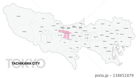 [日本地図] 東京都立川市の市区町村名入り位置地図 (英語) 138652879
