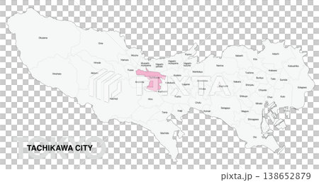 [日本地図] 東京都立川市の市区町村名入り位置地図 (英語) 138652879