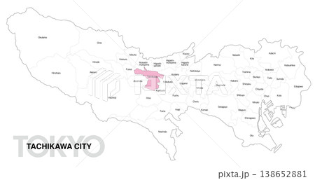 [日本地図] 東京都立川市の市区町村名入り位置地図 (英語) 138652881
