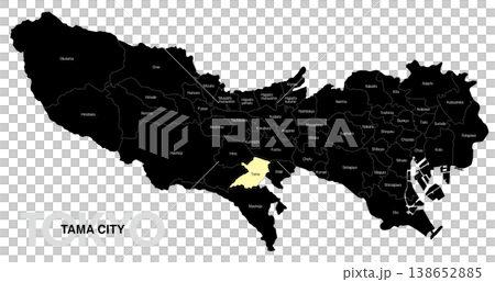 [Map of Japan] Location map of Tama City, Tokyo, with city/ward names (English) 138652885