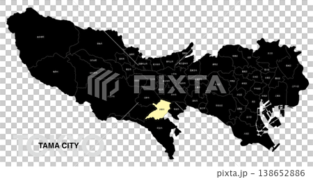 [Map of Japan] Location map of Tama City, Tokyo, with city/ward names. 138652886