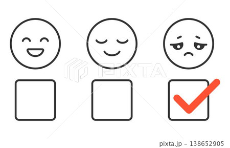 Customer feedback rating interface with outline emoji faces happy neutral sad and checkbox selection highlighting negative choice simple line style satisfaction scale user experience 138652905