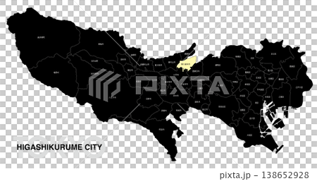 [Map of Japan] Location map of Higashikurume City, Tokyo, with city/ward names. 138652928