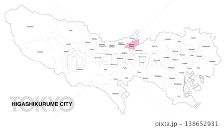 [日本地図] 東京都東久留米市の市区町村名入り位置地図 (英語) 138652931