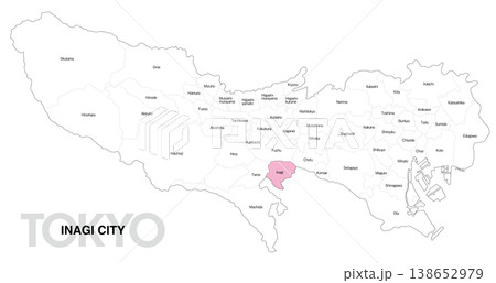 [日本地図] 東京都稲城市の市区町村名入り位置地図 (英語) 138652979