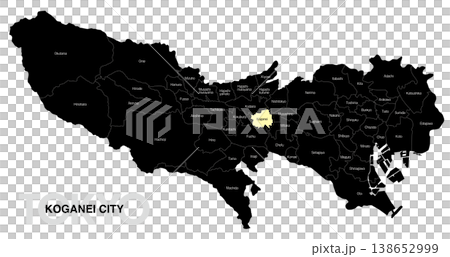 [日本地図] 東京都小金井市の市区町村名入り位置地図 (英語) 138652999