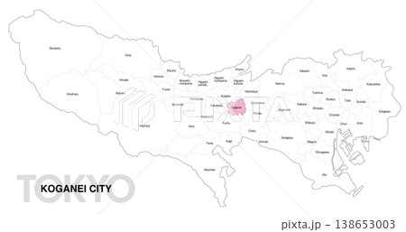 [日本地図] 東京都小金井市の市区町村名入り位置地図 (英語) 138653003