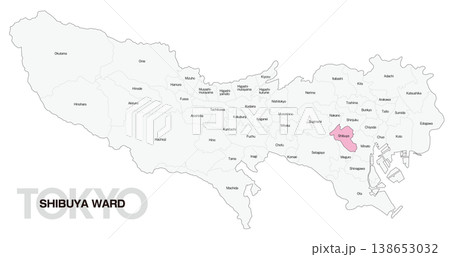 [日本地図] 東京都渋谷区の市区町村名入り位置地図 (英語) 138653032