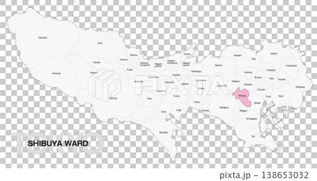 [日本地図] 東京都渋谷区の市区町村名入り位置地図 (英語) 138653032