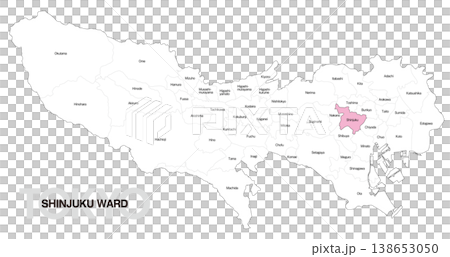 [Map of Japan] Location map of Shinjuku Ward, Tokyo, including the names of the surrounding municipalities (English) 138653050