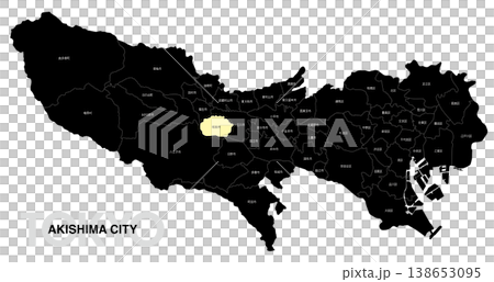 [日本地圖] 東京秋島市位置圖，標示城市/區名稱。 138653095