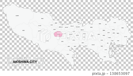 [日本地圖] 東京秋島市位置圖，標示城市/區名稱。 138653097