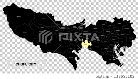 [日本地図] 東京都調布市の市区町村名入り位置地図 (英語) 138653102