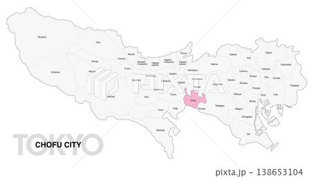 [日本地図] 東京都調布市の市区町村名入り位置地図 (英語) 138653104