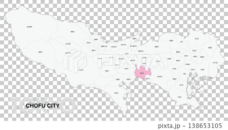 [Map of Japan] Location map of Chofu City, Tokyo, with city/ward names. 138653105
