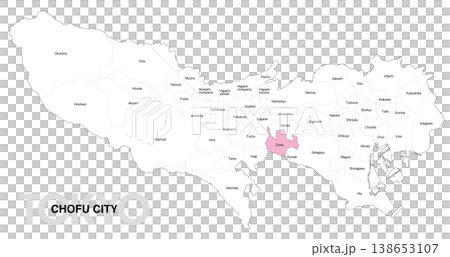 [Map of Japan] Location map of Chofu City, Tokyo, with city/ward names. 138653107