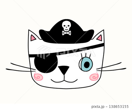 Cute hand drawn pirate vector cat face with eye patch and hat with skull for kids and baby clothing design and cards Cute hand drawn pirate vector cat face with eye patch and hat with skull for kids and baby clothing design and cards 138653155