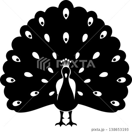 Black silhouette of a peacock with its elaborate tail feathers fanned out, showcasing numerous eye-like patterns.	 138653193