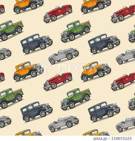 Retro car sedan, coupe, roadster, pickup truck. Vintage engraving seamless pattern Retro car sedan, coupe, roadster, pickup truck. Vintage engraving seamless pattern 138653223