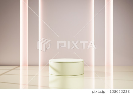 Elegant white podium in a bright room with soft neon light columns 138653228