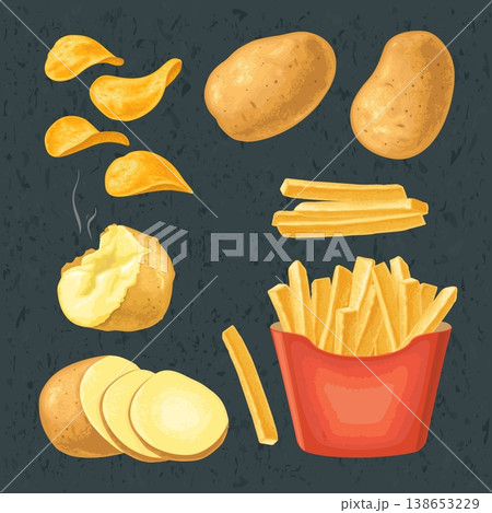 French fry stick potato in paper box and chips. French fry stick potato in paper box and chips. 138653229