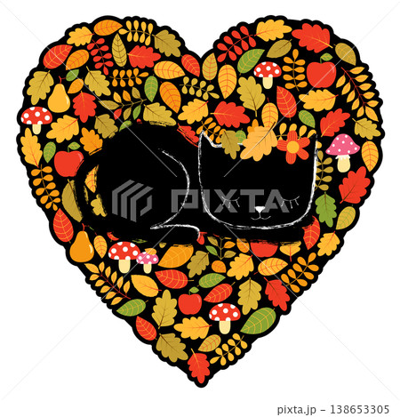 Vector heart shape with autumn leaves and a sleeping cat, Fun fall floral design with a cute animal Vector heart shape with autumn leaves and a sleeping cat, Fun fall floral design with a cute animal 138653305