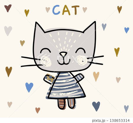 Cute vector doodle cat in blue, brown and grey colors for, Animal illustration for kids and baby designs 138653314