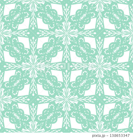 Seamless ornamental pattern in hand drawn textured style. Symmetrical decorative design with vintage feel. Perfect for textile, wallpaper, packaging, branding and surface design. 138653347