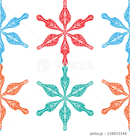 Seamless ornamental pattern in hand drawn textured style. Symmetrical decorative design with vintage feel. Perfect for textile, wallpaper, packaging, branding and surface design. 138653348