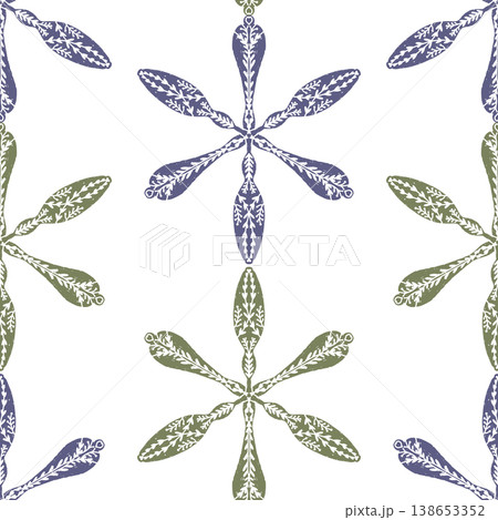 Seamless ornamental pattern in hand drawn textured style. Symmetrical decorative design with vintage feel. Perfect for textile, wallpaper, packaging, branding and surface design. 138653352