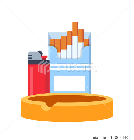Smoking icons set. Colorful signs no smoking, cigarette, pack, lighter, nicotine, tobacco, cigar and pipe. Design elements for app or website. Vector illustration Smoking icons set. Colorful signs no smoking, cigarette, pack, lighter, nicotine, tobacco, cigar and pipe. Design elements for app or website. Vector illustration 138653409