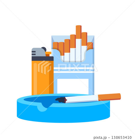 Smoking icons set. Colorful signs no smoking, cigarette, pack, lighter, nicotine, tobacco, cigar and pipe. Design elements for app or website. Vector illustration 138653410