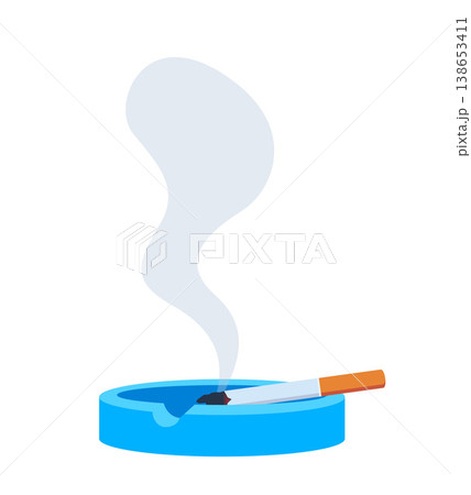 Ashtray with a steaming cigarette. Smoke from an extinguished cigarette. Smoking tobacco. The concept of harm from smoking. Vector illustration 138653411