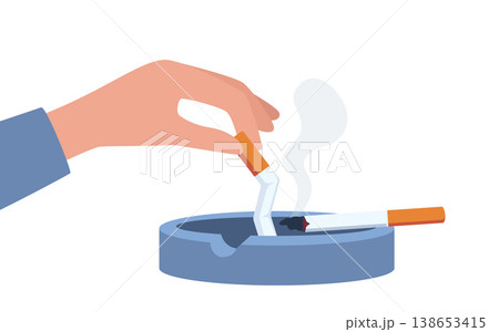 Hand extinguishing a Cigarette butt in ashtray. Negative impacts of smoking, pollution, and public health concern. Vector illustration. Hand extinguishing a Cigarette butt in ashtray. Negative impacts of smoking, pollution, and public health concern. Vector illustration. 138653415