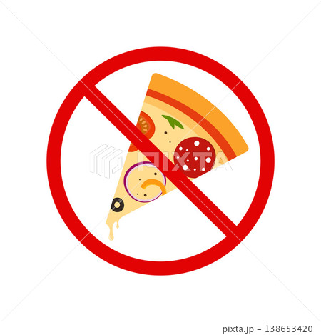 Forbidden pizza sign, no pizza sign, no junk food symbol, unhealthy fast food prohibited icon. Vector illustration Forbidden pizza sign, no pizza sign, no junk food symbol, unhealthy fast food prohibited icon. Vector illustration 138653420