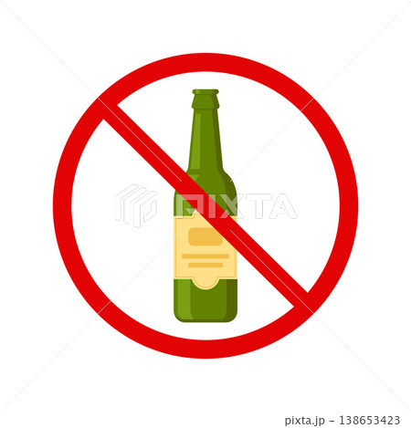 No alcohol sign. Strike Through Red Circle. Prohibiting Alcohol Beverages. Beer Beverage Stop, alcohol not allowed, warning sign, ban alcohol. Vector illustration. No alcohol sign. Strike Through Red Circle. Prohibiting Alcohol Beverages. Beer Beverage Stop, alcohol not allowed, warning sign, ban alcohol. Vector illustration. 138653423