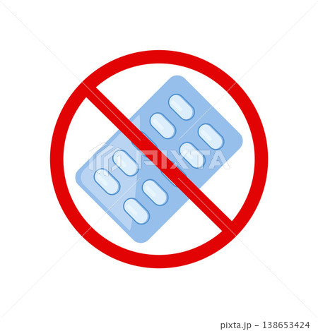 Forbidden sign with medical pills icon, no drugs sign, capsules in blister pack prohibition sign, forbidden medicine sign, do not take medication symbol. Vector illustration. 138653424