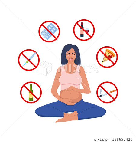 Pregnant woman. No drugs. No alcohol. No pills. No smoking. No junk food. Save your pregnancy concept. Vector illustration. Pregnant woman. No drugs. No alcohol. No pills. No smoking. No junk food. Save your pregnancy concept. Vector illustration. 138653429