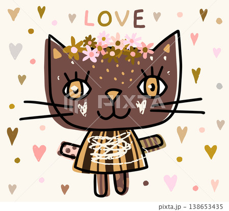 Brown and pink vector hand drawn doodle cat with cute face, floral wreath, Kawaii kitty for kids and baby graphic design in neutral earthy colors Brown and pink vector hand drawn doodle cat with cute face, floral wreath, Kawaii kitty for kids and baby graphic design in neutral earthy colors 138653435