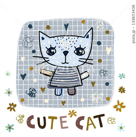 Blue vector hand drawn doodle cat, Cute kawaii kitty animal greeting card, poster or invitation 138653436