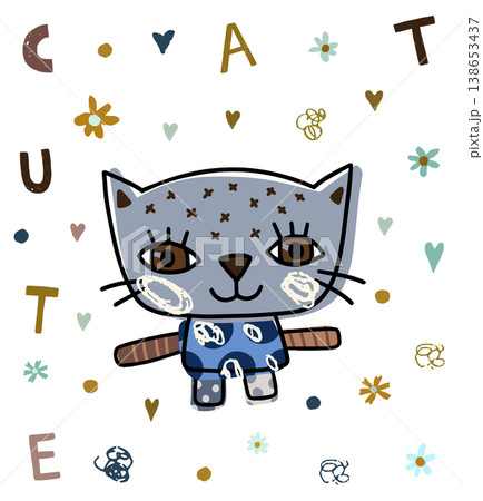 Cute vector kitty in blue, grey and brown colors, Kawaii cat for kids and baby graphic design, greeting card and invitations 138653437
