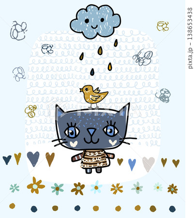 Cute hand drawn doodle cat, bird and cloud with hearts, flowers, dots and raindrops in blue, grey and brown colors 138653438